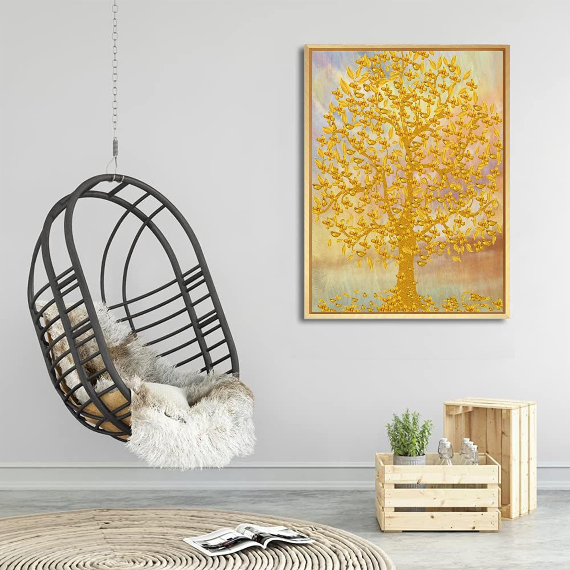 Amazon.co.jp: LUHSICE幸運の木風水絵 黄金の木の油絵インテリア 絵画